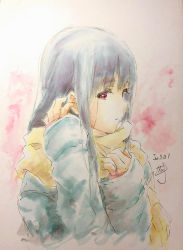 Rule 34 | 1girl, blue hair, blue jacket, color ink (medium), dated, hand in own hair, hand up, hibike! euphonium, highres, jacket, liz to aoi tori, long hair, long sleeves, looking at viewer, nii manabu, parted lips, red eyes, scarf, signature, solo, traditional media, yellow scarf, yoroizuka mizore