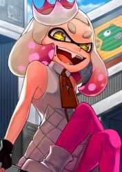 Rule 34 | 1girl, armpits, crossed legs, crown, dress, fang, fingerless gloves, gloves, highres, inkling, looking at viewer, mini crown, mole, mole under mouth, multicolored hair, nintendo, open mouth, pantyhose, pearl (splatoon), pink hair, pink pantyhose, short hair, simple background, sleeveless, sleeveless dress, smile, splatoon (series), splatoon 2, symbol-shaped pupils, teeth, tentacle hair, thick eyebrows, two-tone hair, white hair, yellow eyes, zipper, zipper pull tab
