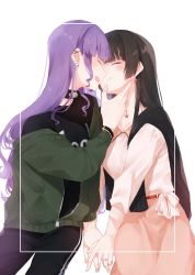Rule 34 | 2girls, aged up, alternate hairstyle, bad id, bad pixiv id, bang dream!, black hair, casual, choker, closed eyes, clothes writing, collarbone, cowboy shot, earrings, face-to-face, green jacket, highres, holding hands, jacket, jewelry, long hair, long sleeves, multiple girls, multiple piercings, necklace, off shoulder, open mouth, purple hair, ring, shirokane rinko, smile, tukikazesuima, udagawa ako, white background, yuri
