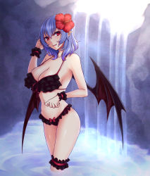 Rule 34 | absurdres, aged up, alternate costume, arms up, bat wings, bikini, black bikini, blue hair, breasts, bridal garter, cave, cleavage, collarbone, contrapposto, expressionless, fangs, fangs out, fingernails, flower, frilled bikini, frills, hair between eyes, hair flower, hair ornament, hand in own hair, head tilt, hibiscus, highres, large breasts, looking at viewer, medium hair, nail polish, outdoors, pointy ears, red eyes, red lips, red nails, remilia scarlet, sharp fingernails, slit pupils, standing, swimsuit, touhou, wading, water, waterfall, wings, wrist cuffs, zellam
