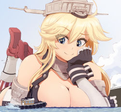 Rule 34 | 1girl, arm support, blonde hair, blue eyes, boots, breasts, cleavage, closed mouth, collar, day, elbow gloves, giant, giantess, gloves, headgear, highres, huge breasts, iowa (kancolle), kantai collection, leg up, long hair, looking at viewer, lying, messy hair, metal collar, on stomach, outdoors, partially submerged, raps (yohomeboyraps), ship, sidelocks, smile, solo, star (symbol), star in eye, symbol in eye, thigh boots, tugboat, two-tone skirt, watercraft