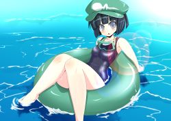 Rule 34 | 1girl, armpits, bad id, bad pixiv id, black hair, blush, dark haired kappa, diving mask, extra, female focus, goggles, grey eyes, hat, hatsuse rui, innertube, kappa mob (touhou), lens flare, looking at viewer, one-piece swimsuit, school swimsuit, shiny clothes, sitting, solo, swim ring, swimsuit, touhou, water, wet, wet clothes