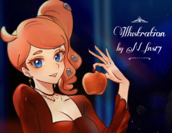 Rule 34 | 1girl, alternate costume, apple, blue eyes, breasts, cleavage, collarbone, creatures (company), echizen (n fns17), eyelashes, food, fruit, game freak, hair ornament, heart, heart hair ornament, holding, jewelry, long hair, looking at viewer, nail polish, necklace, nintendo, orange hair, parted lips, pokemon, pokemon swsh, red nails, side ponytail, smile, solo, sonia (pokemon), upper body