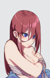 Rule 34 | 1girl, bare shoulders, blue eyes, blush, breasts, chest sarashi, cleavage, closed mouth, go-toubun no hanayome, highres, large breasts, long hair, lox (orchis lox), medium breasts, nakano miku, red hair, sarashi, simple background, solo, upper body