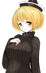 Rule 34 | 1girl, alternate costume, blonde hair, brown eyes, female focus, han (jackpot), hand on own chest, hat, light smile, lunasa prismriver, ribbed sweater, short hair, simple background, sketch, solo, sweater, touhou, upper body, white background