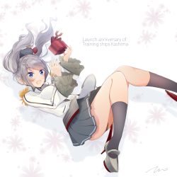 Rule 34 | 10s, 1girl, beret, black legwear, blue eyes, box, character name, english text, epaulettes, floating hair, full body, gift, gift box, hat, high heels, highres, kantai collection, kashima (kancolle), knees together feet apart, long sleeves, looking up, military, military uniform, miniskirt, open mouth, pleated skirt, silver hair, skirt, solo, tebi (tbd11), thighs, twintails, uniform, wavy hair