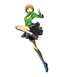 Rule 34 | 1girl, arc system works, atlus, bike shorts, brown eyes, brown hair, fighting stance, highres, jacket, jersey, jpeg artifacts, official art, persona, persona 4, persona 4: the ultimate in mayonaka arena, satonaka chie, short hair, skirt, socks, soejima shigenori, solo, track jacket