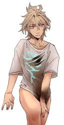 Rule 34 | 1boy, ahoge, commentary, fate/apocrypha, fate (series), male focus, mine (odasol), no panties, red eyes, shirt, short hair, sieg (fate), simple background, solo, white shirt