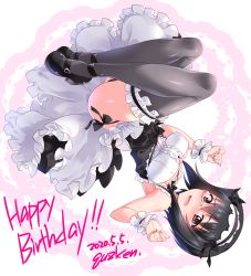 Rule 34 | 1girl, alternate costume, armpits, artist name, ass, black hair, black panties, black thighhighs, blush, breasts, brown eyes, dated, english text, enmaided, frilled thighhighs, frills, frown, full body, girls und panzer, glasses, grey thighhighs, happy birthday, highres, kawashima momo, kuzuryuu kennosuke, large breasts, maid, maid headdress, monocle, open mouth, panties, revision, shiny clothes, shiny skin, short hair, simple background, solo, sweat, thighhighs, underwear, wrist cuffs