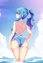Rule 34 | 1girl, ass, back, bare shoulders, blue eyes, blue hair, blush, breasts, fairy tail, from behind, highres, juvia lockser, large breasts, lips, long hair, looking at viewer, looking back, one-piece swimsuit, ponytail, shiny clothes, shiny skin, sideboob, smile, solo, stayaliveplz, swimsuit