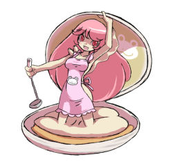 Rule 34 | apron, artist request, character request, ladle, long hair, monster girl, naked apron, open mouth, pink eyes, pink hair, simple background, smile, source request, very long hair