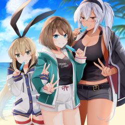 Rule 34 | 3girls, alternate costume, bad id, bad pixiv id, belt, black hairband, black tank top, blonde hair, blue eyes, blue jacket, blush, breasts, brown hair, cleavage, collarbone, dark-skinned female, dark skin, food, glasses, green eyes, grey shorts, grin, hairband, high-waist shorts, highres, jacket, kantai collection, large breasts, long hair, long sleeves, looking at viewer, maya (kancolle), medium breasts, multiple girls, musashi (kancolle), musashi kai ni (kancolle), open clothes, open jacket, outdoors, popsicle, red eyes, shimakaze (kancolle), short shorts, shorts, silver hair, smile, striped clothes, striped legwear, striped thighhighs, tank top, thighhighs, twintails, upper body, v, very long hair, white jacket, white shorts, yunamaro