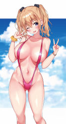 Rule 34 | 1girl, bare shoulders, blonde hair, blue eyes, blue sky, blush, bracelet, breasts, cloud, cloudy sky, collarbone, day, detexted, fingernails, gluteal fold, hair ornament, hands up, head tilt, highres, jewelry, kurumizawa asahi, large breasts, long hair, looking at viewer, mataro (matarou), navel, novel illustration, official art, one-piece swimsuit, one eye closed, open mouth, outdoors, pink one-piece swimsuit, pink slingshot swimsuit, scrunchie, shiny clothes, shiny skin, sidelocks, sky, slingshot swimsuit, solo, stomach, swimsuit, third-party edit, tokushu seiheki kyoushitsu e youkoso, twintails, v, yellow scrunchie