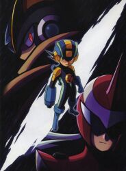 Rule 34 | 00s, 3boys, android, arm cannon, bass.exe (mega man), black bodysuit, bodysuit, capcom, cape, cloak, covered mouth, expressionless, facepaint, full body, gem, gloves, glowing, glowing eyes, helmet, highres, long hair, looking at viewer, mega man (series), mega man battle network, megaman.exe, multiple boys, netnavi, official art, proto man, red eyes, serious, shaded face, shoulder pads, standing, torn clothes, weapon