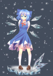 Rule 34 | 1girl, absurdres, black cat ronaldinho, blue eyes, blue hair, bow, breasts, cirno, collared shirt, dress, frown, hair bow, hair ribbon, highres, ice, ice wings, kneehighs, large bow, loafers, looking at viewer, matching hair/eyes, ribbon, shirt, shoes, snowflakes, socks, solo, touhou, wings