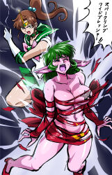 Rule 34 | !, !!, 2girls, bare legs, bishoujo senshi sailor moon, bishoujo senshi sailor moon s, breasts, brown hair, cleavage, colored skin, curvy, daimon (sailor moon), demon girl, dress, electricity, fangs, fighting, gloves, green eyes, green hair, injury, kino makoto, long hair, mamesi (suhk8583), miniskirt, moaning, multiple girls, navel, pasties, pink skin, pointy ears, ponytail, red dress, ryona, sailor jupiter, sailor senshi uniform, scar (sailor moon), shiny clothes, shiny skin, short dress, skirt, star pasties, sweat, torn clothes, torn dress, translation request, undressing, wide hips