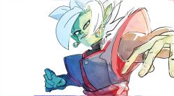 1boy black_bodysuit bodysuit colored_skin dragon_ball dragon_ball_super earrings fused_zamasu green_skin grey_eyes grin highres jewelry long_sleeves looking_ahead perspective pointy_ears potara_earrings red_sash ritostime sash smile solo spiked_hair teeth watercolor_effect white_background white_hair