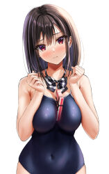 Rule 34 | 1girl, armpit crease, bare arms, bare shoulders, between breasts, black hair, blue one-piece swimsuit, blush, bow, bowtie, breasts, breasts squeezed together, closed mouth, covered navel, embarrassed, gift, hair between eyes, hands up, head tilt, highres, large breasts, looking at viewer, medium hair, one-piece swimsuit, original, plaid, plaid bow, plaid bowtie, purple eyes, school swimsuit, simple background, solo, swimsuit, upper body, valentine, white background, yukemuriganmo