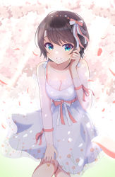 Rule 34 | 1girl, absurdres, adjusting hair, banana de ikopon, bare shoulders, black hair, breasts, cherry blossoms, cleavage, collarbone, dress, feet out of frame, flower, frills, green eyes, grin, hair flower, hair ornament, hair ribbon, hand on own thigh, highres, hololive, leaning forward, looking at viewer, medium breasts, nail polish, oozora subaru, orange nails, petals, ribbon, see-through, see-through cleavage, short hair, smile, solo, sundress, swept bangs, virtual youtuber, white dress