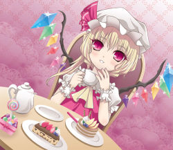 Rule 34 | 1girl, bad id, bad pixiv id, blonde hair, cake, candy, female focus, flandre scarlet, food, hat, minogame, opa, pastry, ponytail, red eyes, short hair, side ponytail, slit pupils, solo, tea, touhou, wings