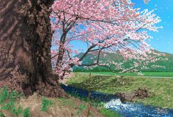 Rule 34 | blue sky, cherry blossoms, day, grass, landscape, leaf, mountain, nature, no humans, original, outdoors, river, road, scenery, signature, sky, spring (season), suupii, tree