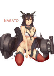 Rule 34 | 10s, absurdres, bare shoulders, bikini, black hair, brown eyes, chain, choker, elbow gloves, fingerless gloves, gloves, gluteal fold, highres, kantai collection, kneeling, lips, long hair, nagato (kancolle), navel, parted lips, simple background, solo, swimsuit, thighhighs, turret, white background, zxj