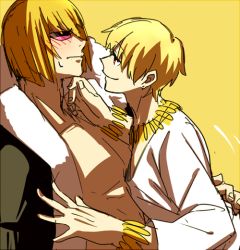 Rule 34 | 2boys, blonde hair, blush, bracelet, chietori, collarbone, fate/grand order, fate (series), gilgamesh (fate), hand on own hip, jewelry, long sleeves, looking at another, male focus, multiple boys, muscular, necklace, official alternate costume, pectorals, red eyes, sakata kintoki (fate), sakata kintoki (third ascension) (fate), shirt, simple background, smile, sunglasses, upper body, white shirt, yaoi, yellow background