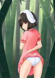 Rule 34 | 1girl, animal ears, ass, bamboo, bamboo forest, black hair, clothes lift, dress, dress lift, flashing, forest, from behind, hand to own mouth, highres, inaba tewi, kubure, lifted by self, looking at viewer, looking back, nature, outdoors, panties, pink dress, rabbit ears, rabbit tail, red eyes, short hair, short sleeves, smile, solo, tail, thighs, touhou, underwear