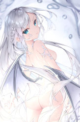 Rule 34 | 1girl, :t, ass, blue eyes, blurry, braid, breasts, cowboy shot, facial mark, highres, long hair, looking at viewer, looking back, low wings, medium breasts, mishuo (misuo69421), nude, original, pout, raised eyebrow, shoulder blades, silver hair, solo, very long hair, water, wings
