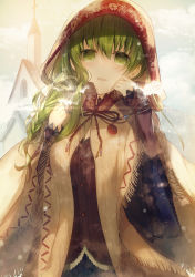 Rule 34 | 1girl, arch, bracelet, braid, breasts, buttons, cecilia (shiro seijo to kuro bokushi), church, cloak, cloud, cloudy sky, cold, cross, eyelashes, fog, fringe trim, glint, green eyes, hair between eyes, hair ribbon, hood, hooded cloak, jewelry, kazutake hazano, lace-trimmed sleeves, lace trim, long hair, long sleeves, looking at viewer, outdoors, parted lips, ribbon, shiro seijo to kuro bokushi, sky, smile, snowing, solo, spire, upper body, white ribbon, window, winter