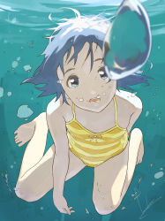 Rule 34 | 1girl, air bubble, barefoot, blue eyes, blue hair, breath, bubble, feet, freediving, highres, loundraw, matching hair/eyes, one-piece swimsuit, open mouth, original, short hair, solo, swimming, swimsuit, underwater, water