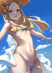 Rule 34 | 1girl, abigail williams (fate), bandaid, bandaid on face, bandaid on forehead, bikini, black bow, blonde hair, blue eyes, blue sky, blush, bow, breasts, crossed bandaids, donggua bing cha, fate/grand order, fate (series), forehead, hat, highres, long hair, looking at viewer, multiple bows, navel, orange bow, parted bangs, polka dot, polka dot bow, sky, small breasts, smile, solo, straw hat, swimsuit, thighs, towel, white bikini