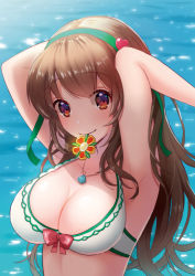 Rule 34 | 1girl, arms up, bikini, bow, breasts, brown eyes, brown hair, cleavage, closed mouth, flower knight girl, green hairband, hair ornament, hairband, heart, heart hair ornament, jewelry, kusumoto miya, large breasts, long hair, looking at viewer, mouth hold, nazuna (flower knight girl), necklace, red bow, smile, solo, swimsuit, upper body, water, white bikini