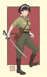 Rule 34 | 1girl, belt, between breasts, black hair, blue eyes, breast pocket, breasts, gaiters, gloves, headband, helmet, highres, holster, imperial japanese army, japan, katana, looking to the side, military, military uniform, original, pocket, pouch, scabbard, sheath, short hair, signature, sino, sino (mechanized gallery), sleeves rolled up, soldier, solo, strap between breasts, sword, uniform, unworn headwear, unworn helmet, weapon, world war ii