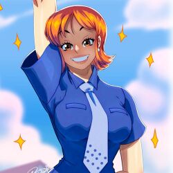 Rule 34 | 1girl, breasts, brown eyes, grin, hand up, lips, looking at viewer, medium breasts, nami (one piece), necktie, one piece, orange hair, skirt, smile, solo, tovio rogers