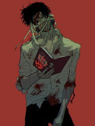 Rule 34 | 1boy, absurdres, bad id, bad pixiv id, bandage over one eye, bandaged head, bandages, belt, black hair, black pants, bleeding, blood, blood from mouth, blood on arm, blood on clothes, blood on face, blood on hands, bloody bandages, book, bruise, chrollo lucilfer, collared shirt, cowboy shot, cross, dress shirt, earrings, facial mark, forehead mark, hair over one eye, hand up, handprint, head tilt, highres, holding, holding book, hunter x hunter, injury, jewelry, long sleeves, looking at viewer, male focus, messy hair, netetsu (yyrf3o), nosebleed, one eye covered, open book, pants, parted bangs, red background, shirt, shirt partially tucked in, short hair, simple background, sleeves rolled up, solo, torn clothes, torn sleeves, white shirt
