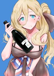 Rule 34 | 1girl, bare arms, bare shoulders, blonde hair, blue background, blue eyes, blush, bottle, breasts, closed mouth, collarbone, highres, holding, holding bottle, kantai collection, komb, large breasts, long hair, looking at viewer, mole, mole under eye, mole under mouth, richelieu (kancolle), simple background, smile, solo, upper body