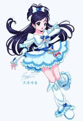 Rule 34 | 1girl, arm at side, blue hair, boots, bow, chest bow, cure white, detached sleeves, dress, earrings, foot up, frilled boots, frilled dress, frills, full body, futari wa precure, futari wa precure max heart, grey background, hair bow, hand on own chest, heart, heart earrings, highres, jewelry, kisumi rei, long hair, looking at viewer, magical girl, open mouth, pouch, precure, solo, white dress, yukishiro honoka