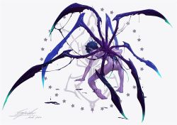Rule 34 | 1boy, arsh (thestarwish), arthropod limbs, blue eyes, blue hair, colored skin, completely nude, facing away, full body, hand on floor, hand on own knee, male focus, monster boy, no pupils, nude, on one knee, original, pointy ears, purple skin, short hair, signature, slime (substance), solo, spider boy, white background