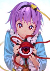 Rule 34 | 1girl, blue shirt, bright pupils, commentary request, eyeball, eyebrows, eyelashes, fingernails, frilled shirt collar, frills, go robots, hair ornament, hairband, heart, heart hair ornament, holding, komeiji satori, long sleeves, looking at viewer, purple hair, red eyes, ribbon-trimmed collar, ribbon trim, shirt, short hair, simple background, smile, solo, third eye, touhou, upper body, white background, white pupils, wide sleeves
