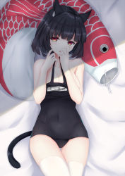 Rule 34 | 1girl, airool, animal ears, azur lane, bare arms, bare shoulders, bed sheet, black hair, black one-piece swimsuit, black school swimsuit, blush, breasts, cat ears, cat girl, cat tail, cleavage, commentary, covered navel, fang, gluteal fold, hand to own mouth, highres, koinobori, lying, medium breasts, name tag, old school swimsuit, on back, one-piece swimsuit, parted lips, red eyes, school swimsuit, solo, swimsuit, tail, thighhighs, white thighhighs, windsock, yamashiro (azur lane), yamashiro (summer offensive?) (azur lane)