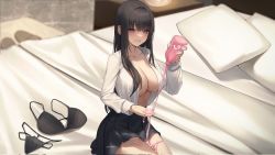 Rule 34 | 1girl, ame 816, bed, belly, black bra, black hair, black panties, blue eyes, blurry, blurry background, blush, bottle, bra, breasts, cleavage, collarbone, commission, ear focus, highres, holding, holding bottle, huge breasts, large breasts, lips, long hair, long sleeves, looking at viewer, lotion, no bra, open clothes, open mouth, open shirt, original, panties, pillow, sitting, skirt, smile, teeth, thighs, underwear, unworn bra, unworn panties, very long hair, wrinkled fabric