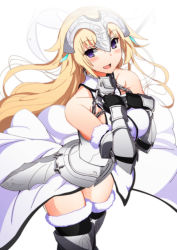 Rule 34 | 1girl, :d, alternate costume, armor, bare shoulders, blonde hair, blush, chain, fate/apocrypha, fate/grand order, fate (series), fur trim, gauntlets, hands on own chest, headwear request, highres, jeanne d&#039;arc (fate), jeanne d&#039;arc (ruler) (fate), jeanne d&#039;arc (third ascension) (fate), long hair, open mouth, purple eyes, smile, solo, thighhighs, vane (vane0), zettai ryouiki