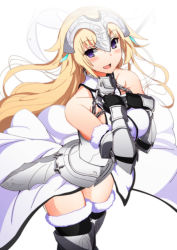 1girl :d alternate_costume armor bare_shoulders blonde_hair blush chain fate/apocrypha fate/grand_order fate_(series) female_focus fur_trim gauntlets hands_on_own_chest headwear_request highres jeanne_d&#039;arc_(fate) jeanne_d&#039;arc_(ruler)_(fate) jeanne_d&#039;arc_(third_ascension)_(fate) long_hair open_mouth purple_eyes smile solo thighhighs vane_(vane0) zettai_ryouiki