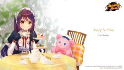 Rule 34 | 1girl, apron, bow, bowtie, chair, copyright name, copyright notice, cup, fingerless gloves, food, gloves, happy birthday, holding, holding cup, kotsuru kari, logo, mahjong soul, maid, maid apron, maid headdress, official art, orange eyes, pillow, pink bow, pink bowtie, red hair, smile, stuffed animal, stuffed toy, teacup, teapot, teddy bear, yostar