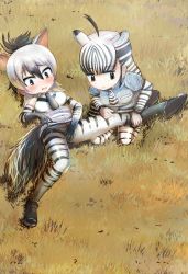 Rule 34 | 2girls, aardwolf (kemono friends), aardwolf print, absurdres, ahoge, animal ears, animal print, bare shoulders, black eyes, black hair, black shorts, blunt bangs, blush, bodystocking, brown eyes, chibi, counting, covering crotch, covering privates, day, elbow gloves, embarrassed, fuji takanasu, furrowed brow, gloves, grass, grey hair, hair between eyes, hand on another&#039;s leg, highres, kemono friends, layered sleeves, long hair, long sleeves, looking at another, lying, medium hair, multicolored hair, multiple girls, necktie, nose blush, on back, on grass, on ground, outdoors, outstretched leg, pantyhose, parted lips, plains zebra (kemono friends), print gloves, print legwear, print sleeves, shirt, shoes, short over long sleeves, short shorts, short sleeves, shorts, sitting, sleeveless, sleeveless shirt, smile, spread legs, streaked hair, tail, two-tone hair, white hair, zebra ears, zebra girl, zebra print