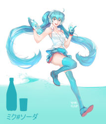 Rule 34 | 1girl, ahoge, blue eyes, blue hair, full body, gloves, hatsune miku, headphones, highres, long hair, looking at viewer, open mouth, skirt, soda, soda bottle, solo, thighhighs, twintails, very long hair, vivaclap, vocaloid, white background