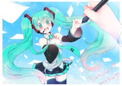 Rule 34 | 1girl, 2017, azurite0012, blue eyes, blue hair, blush, collared shirt, dated, detached sleeves, disembodied limb, gradient hair, hair ornament, hand on own chest, happy birthday, hatsune miku, head scarf, headphones, holding, holding stylus, long hair, long sleeves, multicolored hair, nail polish, necktie, open mouth, paper, pink hair, pleated skirt, reaching, shirt, skirt, sleeveless, sleeveless shirt, smile, solo focus, stylus, thighhighs, twintails, two-tone hair, very long hair, vocaloid