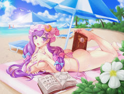 Rule 34 | 1girl, ass, barefoot, beach, bikini, book, breasts, covering privates, covering breasts, day, feet, female focus, holding with feet, hat, jeibii, large breasts, lens flare, long hair, patchouli knowledge, purple eyes, purple hair, solo, swimsuit, toes, touhou, umbrella