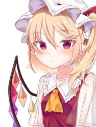 Rule 34 | 1girl, ascot, blonde hair, blush, closed mouth, collared shirt, commentary request, crystal, eringi (rmrafrn), flandre scarlet, frilled shirt collar, frills, hair between eyes, hat, long hair, mob cap, one side up, pointy ears, red eyes, red skirt, see-through, see-through sleeves, shirt, short sleeves, simple background, skirt, solo, touhou, tsurime, upper body, white background, white hat, wings, yellow ascot